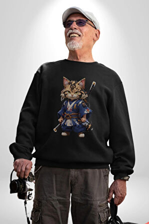 Japon Samuray Kılınç  Kadın Erkek  Siyah Baskılı Sweatshirt 