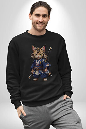 Japon Samuray Kılınç  Kadın Erkek  Siyah Baskılı Sweatshirt 