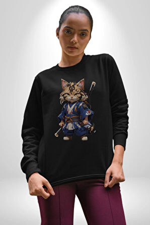 Japon Samuray Kılınç  Kadın Erkek  Siyah Baskılı Sweatshirt 