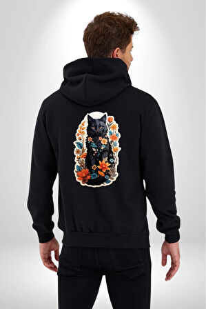 Çiçekli Siyah Kedi Etiket  Kadın Erkek Siyah Renk Kapüşonlu Kanguru Cepli  Fermuarlı Pamuklu Oversize Dijital Baskılı Hırka Sweatshirt