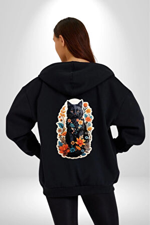 Çiçekli Siyah Kedi Etiket  Kadın Erkek Siyah Renk Kapüşonlu Kanguru Cepli  Fermuarlı Pamuklu Oversize Dijital Baskılı Hırka Sweatshirt