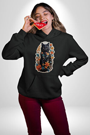 Çiçekli Siyah Kedi Etiket  Kadın Erkek  Siyah Kapüşonlu Sweatshirt Hoodie