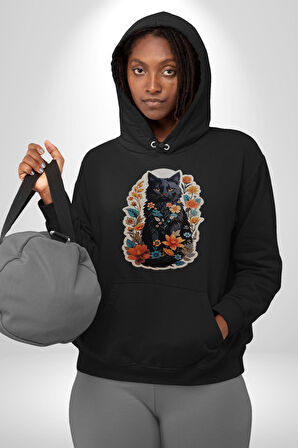 Çiçekli Siyah Kedi Etiket  Kadın Erkek  Siyah Kapüşonlu Sweatshirt Hoodie