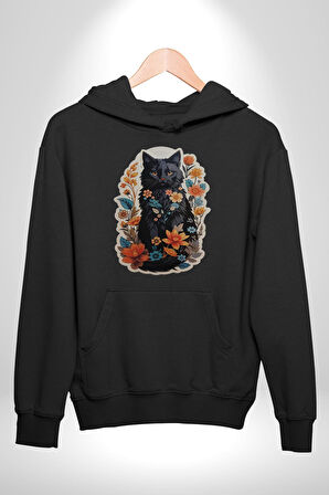 Çiçekli Siyah Kedi Etiket  Kadın Erkek  Siyah Kapüşonlu Sweatshirt Hoodie