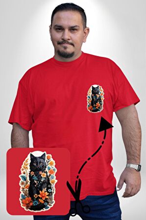 Çiçekli Kırmızı Kedi Etiket  Kırmızı Büyük Beden Kadın Basic Minimal Baskılı Tişört