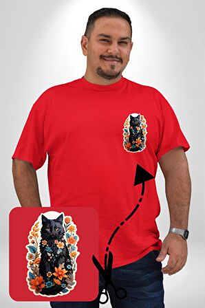 Çiçekli Kırmızı Kedi Etiket  Kırmızı Büyük Beden Kadın Basic Minimal Baskılı Tişört