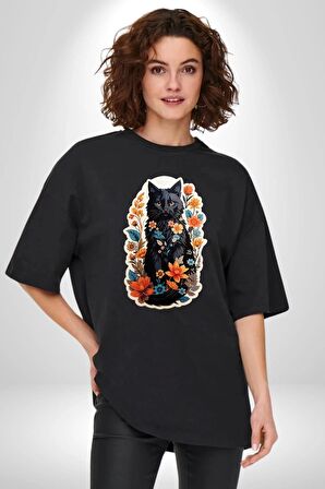 Çiçekli Siyah Kedi Etiket  Pamuklu Bisiklet Yaka Kadın Erkek Oversize Boyfriend Dijital Baskılı Siyah T-shirt