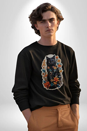 Çiçekli Siyah Kedi Etiket  Kadın Erkek  Siyah Baskılı Sweatshirt 
