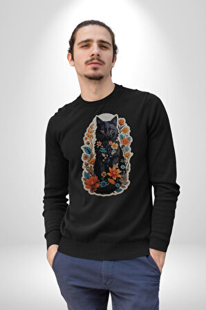 Çiçekli Siyah Kedi Etiket  Kadın Erkek  Siyah Baskılı Sweatshirt 