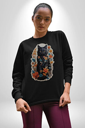 Çiçekli Siyah Kedi Etiket  Kadın Erkek  Siyah Baskılı Sweatshirt 