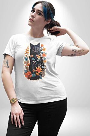 Çiçekli Siyah Kedi Etiket  Kadın Erkek Unisex Beyaz Organik Baskılı T-Shirt Penye Yüksek Kalite