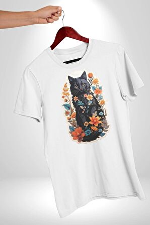 Çiçekli Siyah Kedi Etiket  Kadın Erkek Unisex Beyaz Organik Baskılı T-Shirt Penye Yüksek Kalite