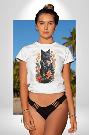 Çiçekli Siyah Kedi Etiket  Kadın Erkek Unisex Beyaz Organik Baskılı T-Shirt Penye Yüksek Kalite