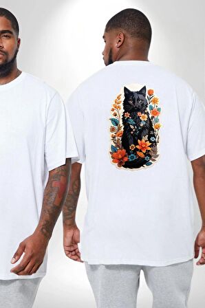 Çiçekli Beyaz Kedi Etiket  Büyük Beden Beyaz Tişört Kadın Erkek Ünisex Sırt Baskılı