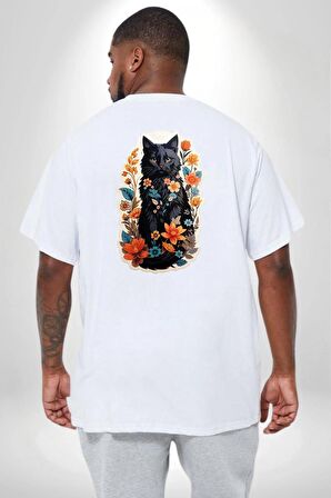 Çiçekli Beyaz Kedi Etiket  Büyük Beden Beyaz Tişört Kadın Erkek Ünisex Sırt Baskılı