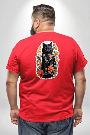 Çiçekli Kırmızı Kedi Etiket  Büyük Beden Kırmızı Tişört Kadın Erkek Ünisex Sırt Baskılı