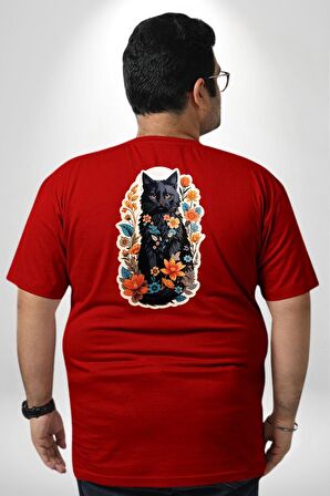Çiçekli Kırmızı Kedi Etiket  Büyük Beden Kırmızı Tişört Kadın Erkek Ünisex Sırt Baskılı