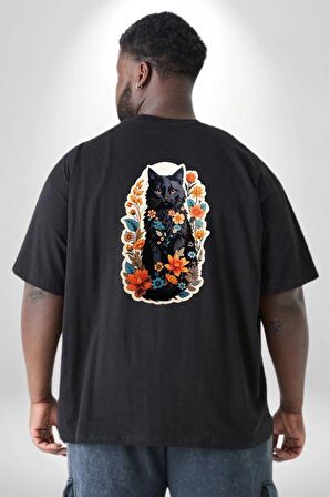 Çiçekli Siyah Kedi Etiket  Büyük Beden Siyah Tişört Kadın Erkek Ünisex Sırt Baskılı