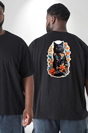Çiçekli Siyah Kedi Etiket  Büyük Beden Siyah Tişört Kadın Erkek Ünisex Sırt Baskılı