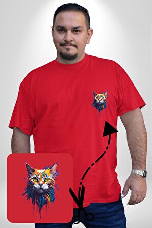 Şimşek Yağmur Kedi Kırmızı Büyük Beden Kadın Basic Minimal Baskılı Tişört