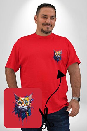 Şimşek Yağmur Kedi Kırmızı Büyük Beden Kadın Basic Minimal Baskılı Tişört