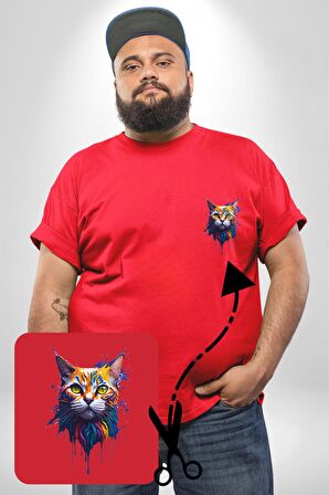 Şimşek Yağmur Kedi Kırmızı Büyük Beden Kadın Basic Minimal Baskılı Tişört