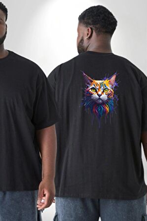 Şimşek Yağmur Kedi Büyük Beden Siyah Tişört Kadın Erkek Ünisex Sırt Baskılı