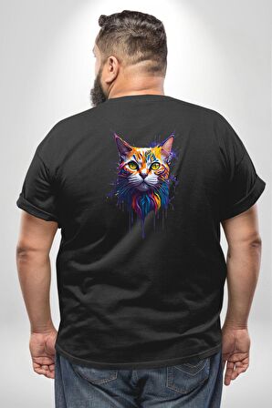 Şimşek Yağmur Kedi Büyük Beden Siyah Tişört Kadın Erkek Ünisex Sırt Baskılı
