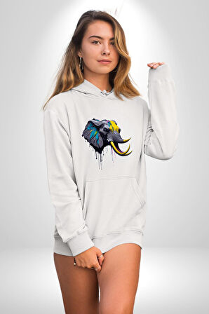 Renkli Fil Kafası  Kadın Erkek  Beyaz Kapüşonlu Sweatshirt Hoodie
