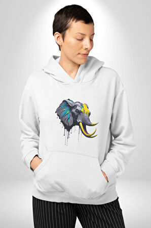Renkli Fil Kafası  Kadın Erkek  Beyaz Kapüşonlu Sweatshirt Hoodie
