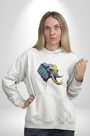 Renkli Fil Kafası  Kadın Erkek  Beyaz Kapüşonlu Sweatshirt Hoodie