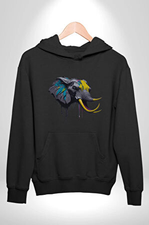 Renkli Fil Kafası  Kadın Erkek  Siyah Kapüşonlu Sweatshirt Hoodie