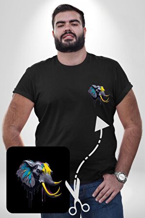 Renkli Fil Kafası  Siyah Büyük Beden Kadın Basic Minimal Baskılı Tişört