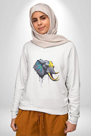 Renkli Fil Kafası  Kadın Erkek  Beyaz Baskılı Sweatshirt 