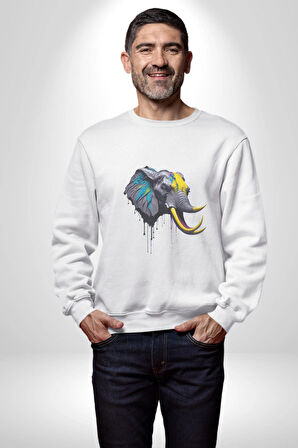 Renkli Fil Kafası  Kadın Erkek  Beyaz Baskılı Sweatshirt 