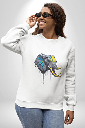 Renkli Fil Kafası  Kadın Erkek  Beyaz Baskılı Sweatshirt 