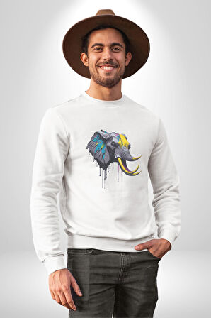 Renkli Fil Kafası  Kadın Erkek  Beyaz Baskılı Sweatshirt 