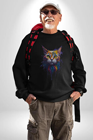 Renkli Fil Kafası  Kadın Erkek  Siyah Baskılı Sweatshirt 