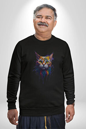 Renkli Fil Kafası  Kadın Erkek  Siyah Baskılı Sweatshirt 