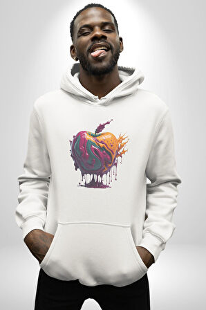 Yağlı Boya Elma Kadın Erkek  Beyaz Kapüşonlu Sweatshirt Hoodie