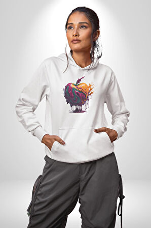 Yağlı Boya Elma Kadın Erkek  Beyaz Kapüşonlu Sweatshirt Hoodie