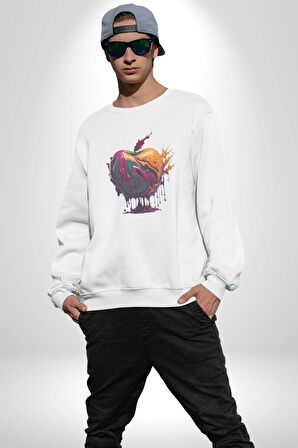 Yağlı Boya Elma Kadın Erkek  Beyaz Baskılı Sweatshirt 