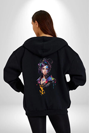 Süper Robot Kız Sulu Boya  Kadın Erkek Siyah Renk Kapüşonlu Kanguru Cepli  Fermuarlı Pamuklu Oversize Dijital Baskılı Hırka Sweatshirt