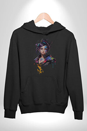 Süper Robot Kız Sulu Boya  Kadın Erkek  Siyah Kapüşonlu Sweatshirt Hoodie