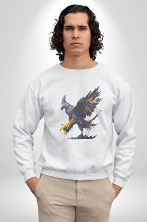 Kara Kartal Sulu Boya Kadın Erkek  Beyaz Baskılı Sweatshirt 