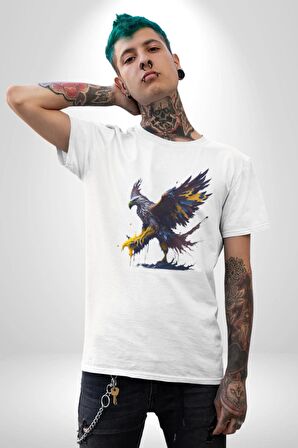 Kara Kartal Sulu Boya Kadın Erkek Unisex Beyaz Organik Baskılı T-Shirt Penye Yüksek Kalite