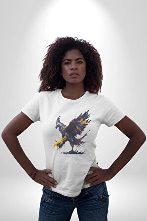 Kara Kartal Sulu Boya Kadın Erkek Unisex Beyaz Organik Baskılı T-Shirt Penye Yüksek Kalite