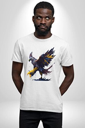 Kara Kartal Sulu Boya Kadın Erkek Unisex Beyaz Organik Baskılı T-Shirt Penye Yüksek Kalite