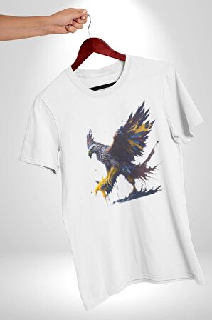 Kara Kartal Sulu Boya Kadın Erkek Unisex Beyaz Organik Baskılı T-Shirt Penye Yüksek Kalite
