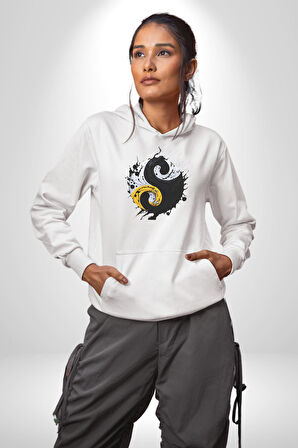 Yin İle Yang Kuramı   Kadın Erkek  Beyaz Kapüşonlu Sweatshirt Hoodie